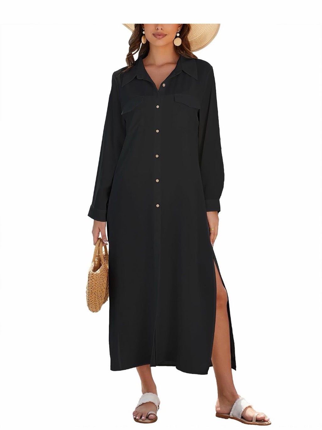 Black Button-Front Maxi Shirt Dress